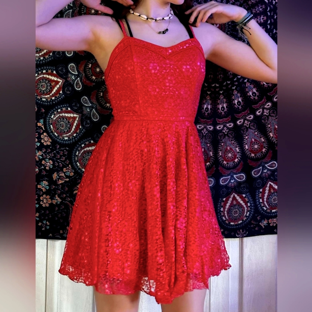 Red spaghetti strap short dress